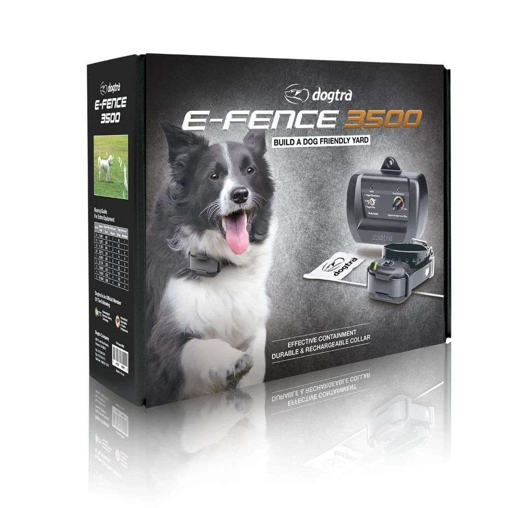 Product box displays Dogtra EF3500 Rechargeable Containment System with a dog and included components