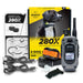 Product display of Dogtra 280X Remote Trainer 2 Dog System shows two collars, a handheld remote, charging cables, and packaging arranged neatly