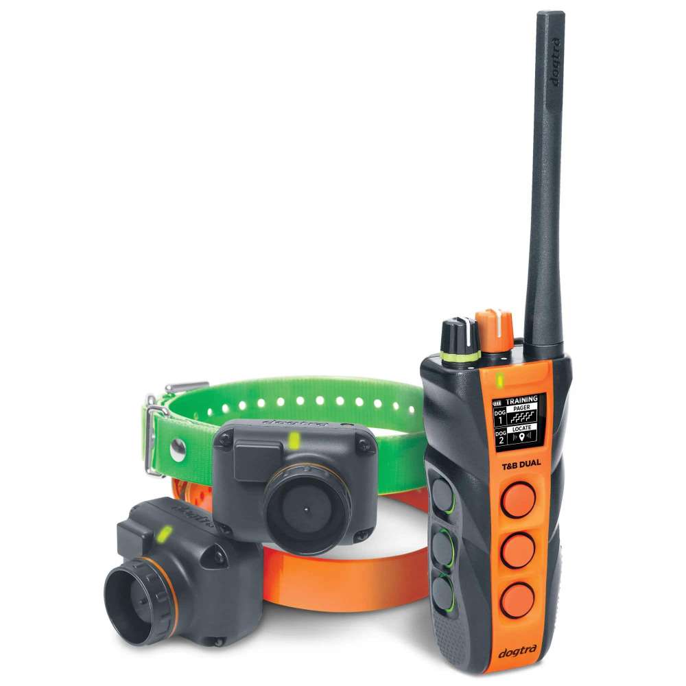 Product display of Dogtra Train/Beep 1.5 Mile 2 Dog Remote Trainer shows the remote with two collars in green and orange