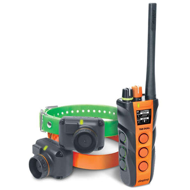 Product display of Dogtra Train/Beep 1.5 Mile 2 Dog Remote Trainer shows the remote with two collars in green and orange