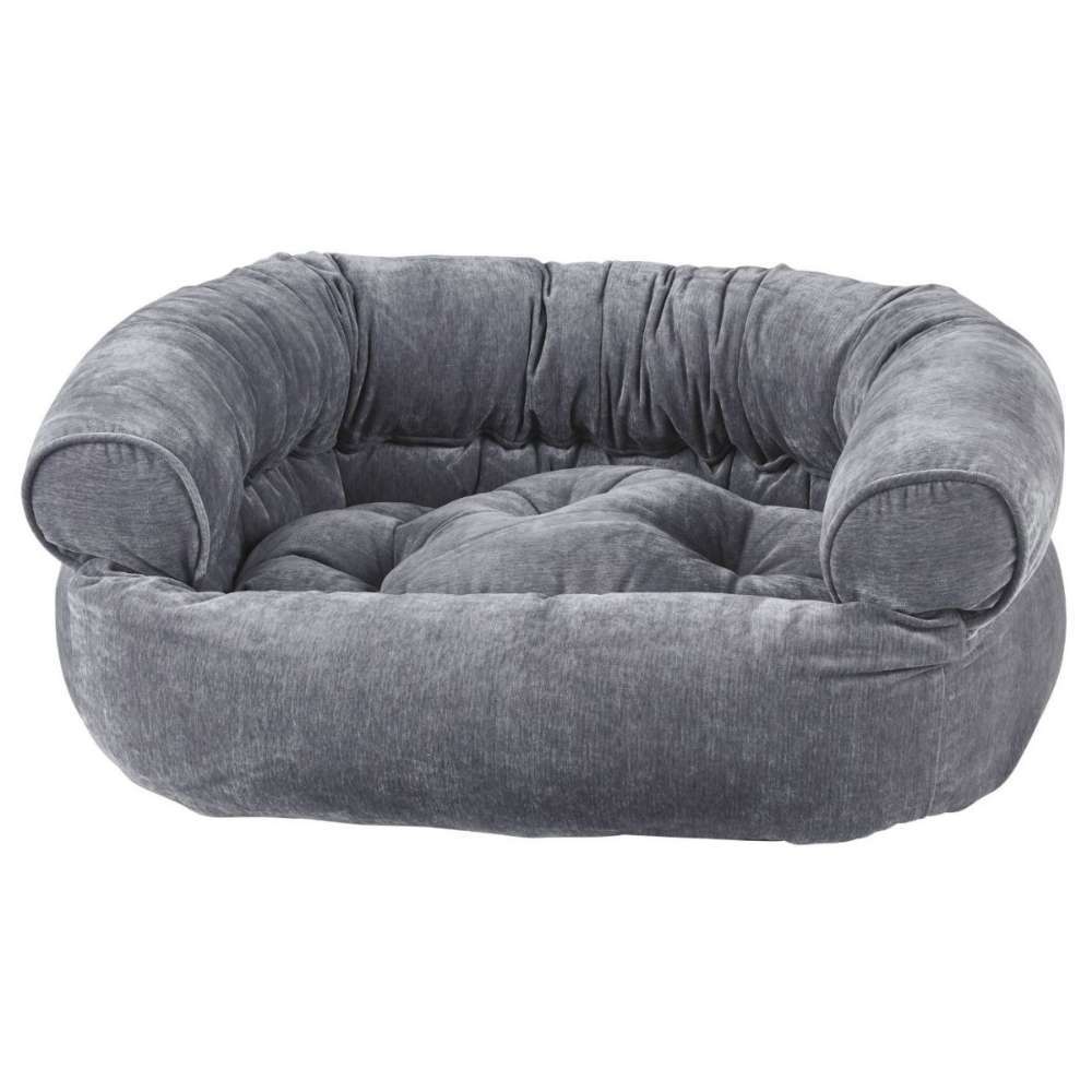 Pumice Bowsers Double Donut Bed in soft gray velvet with a plush tufted center and supportive raised bolsters