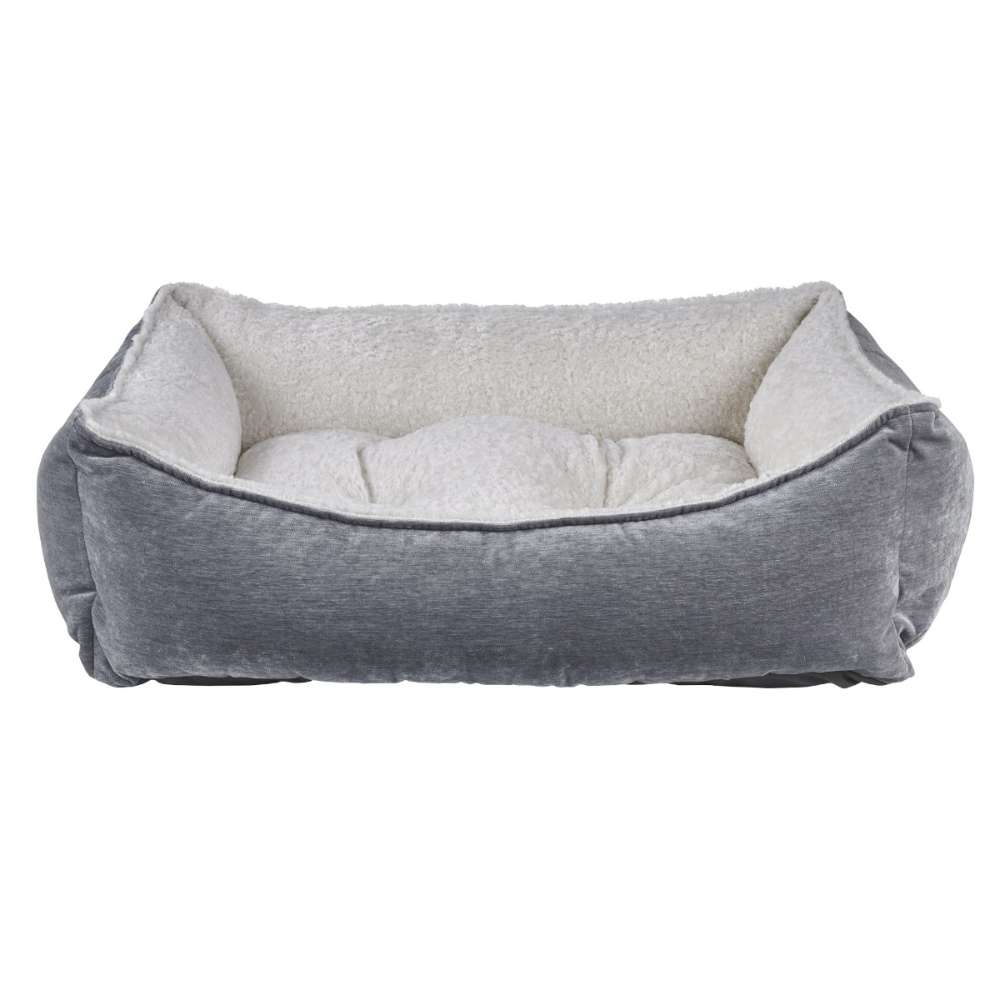 Pumice Bowsers One Of A Kind Scoop Dog Bed features a gray outer fabric with a plush white interior cushion designed