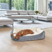 Pumice Bowsers One Of A Kind Scoop Dog Bed shows a brown dog lying comfortably in the bed placed in a bright living room with modern furniture