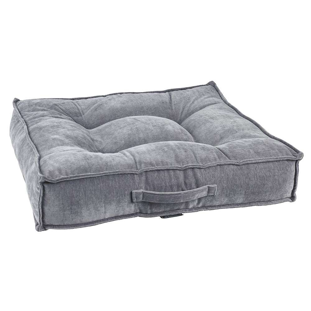 Pumice Bowsers Piazza Dog Bed in textured gray fabric combines a deeply padded sleeping surface with raised supportive sides