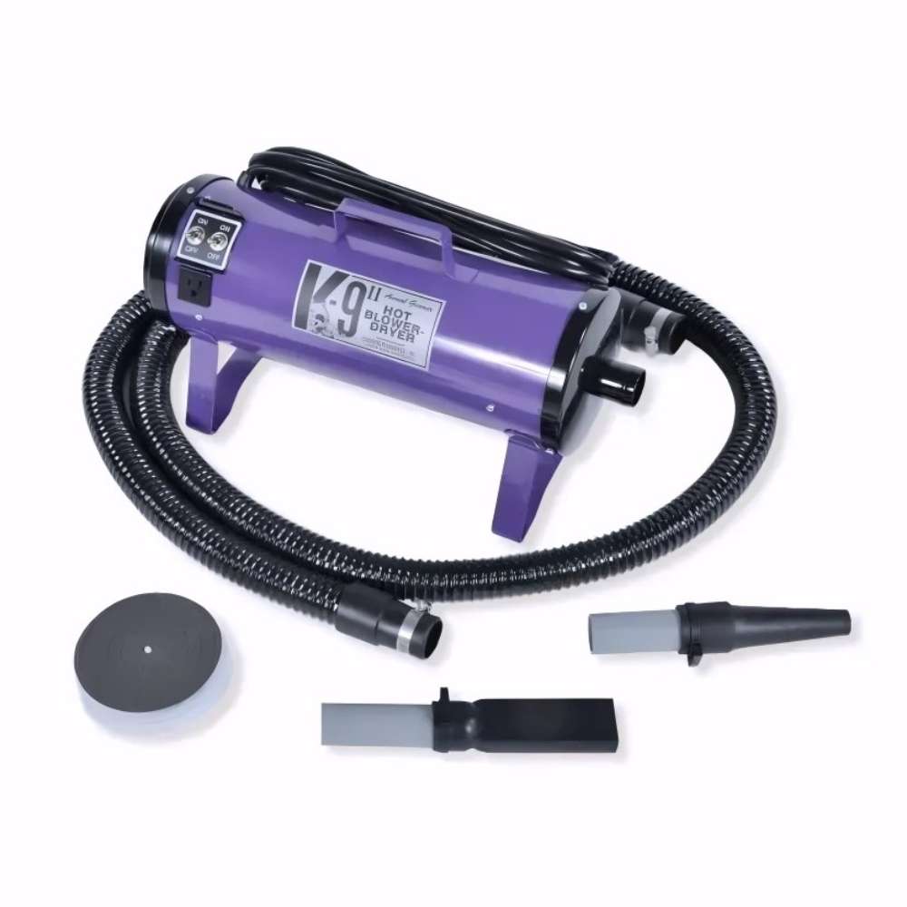 Purple K-9 II Dog Dryer comes with a coiled hose and nozzle attachments for fast dog drying and grooming