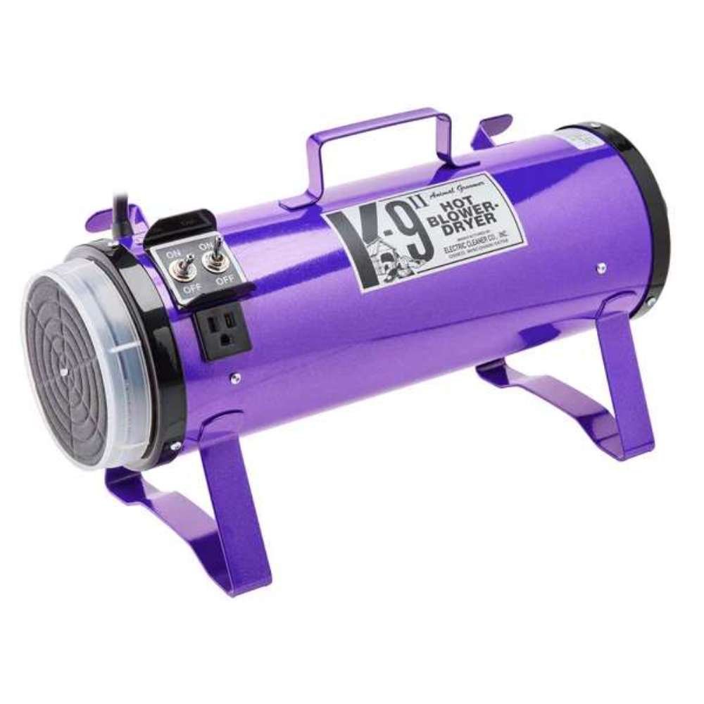 Purple K-9 II Dog Dryer features a metallic purple body with a front air filter and elevated support legs for stability
