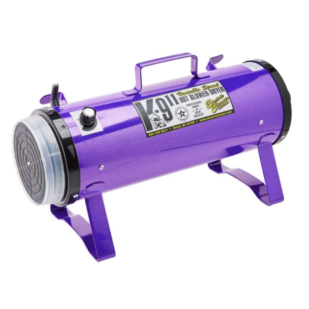 Purple K-9 II Variable Speed Dog Dryer is a metallic pet dryer with a bright purple finish, stable metal stand, and front-mounted airflow nozzle