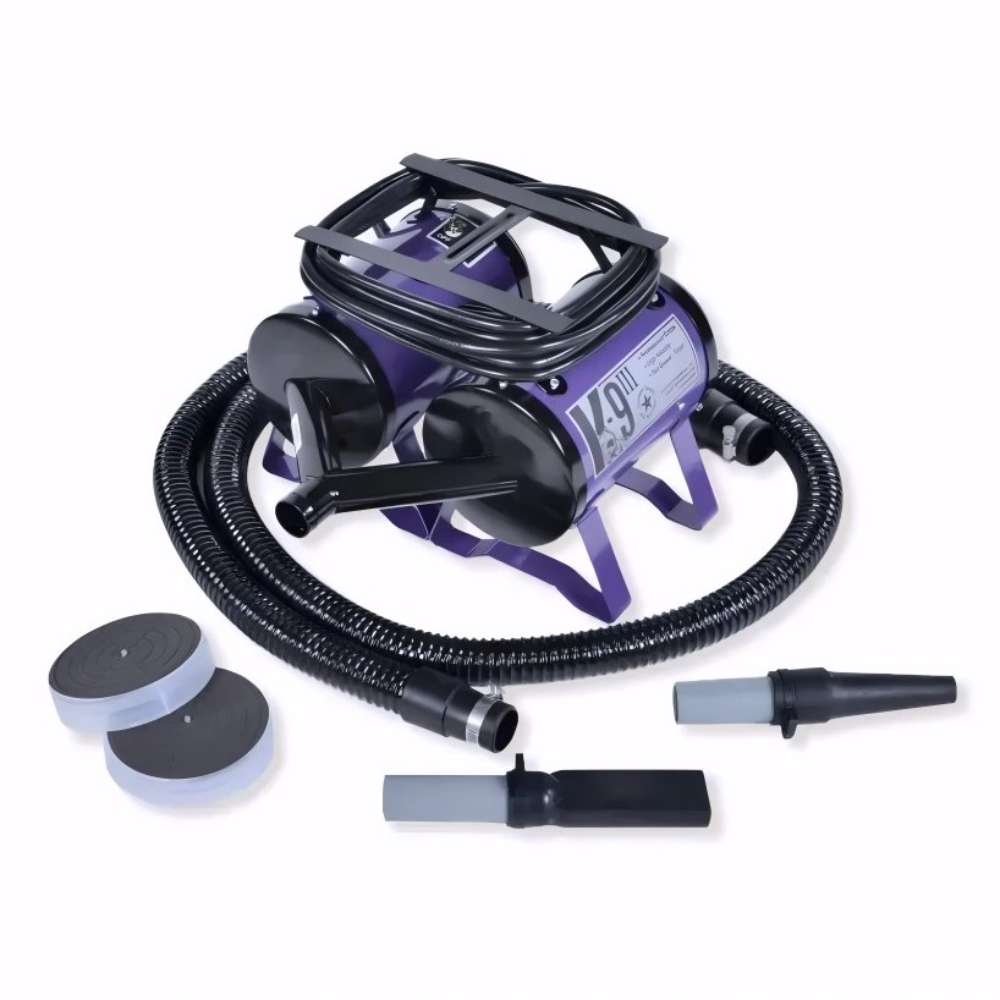 Purple K-9 III Dog Dryer comes with flexible hoses, interchangeable nozzles, and removable round filters for pet grooming tasks