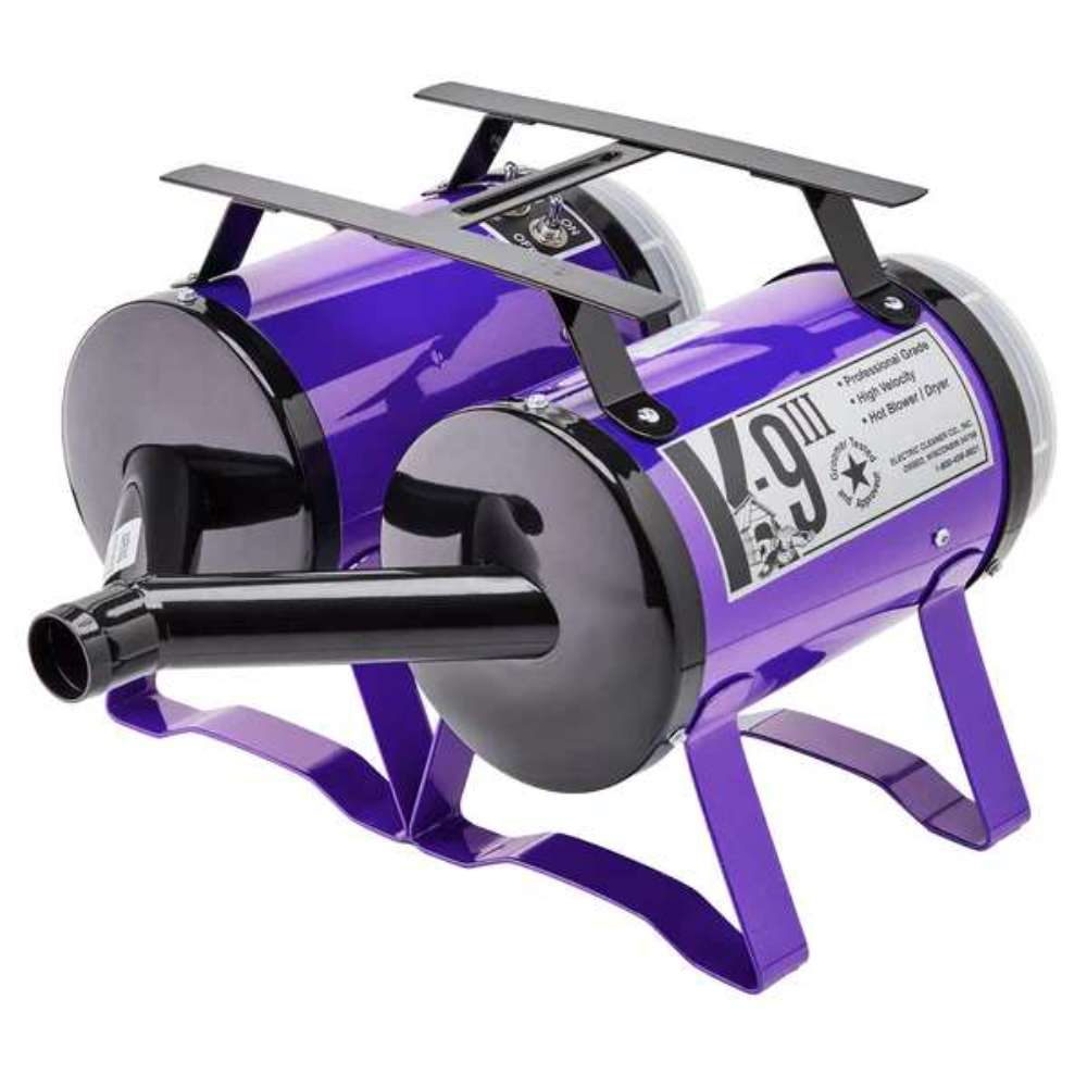 Purple K-9 III Dog Dryer features a glossy purple metal body, front air nozzle, and elevated legs for portable grooming