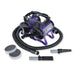 Purple K-9 III Variable Speed Dog Dryer with a coiled hose, attachment nozzles, and filter accessories is shown on a plain white background for professional pet drying