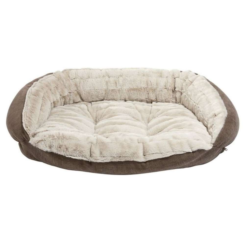Rain Bowsers Crescent Reversible Dog Bed with a cream faux fur interior and warm taupe outer fabric for cozy comfort