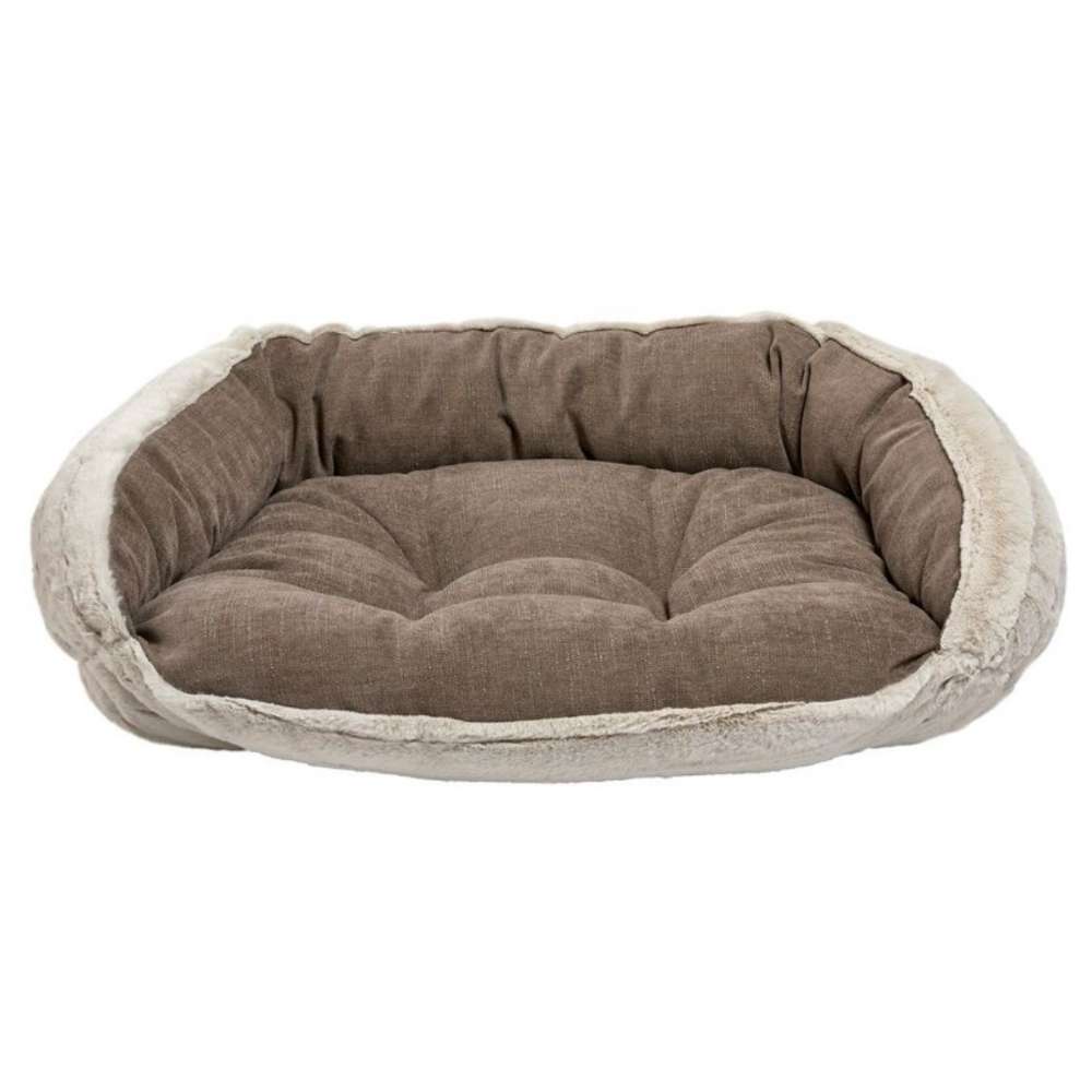 Rain Bowsers Crescent Reversible Dog Bed with a taupe cushioned center and soft cream plush trim around the edges
