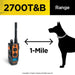 Range graphic of Dogtra 2700T&B Training and Beeper 1 Mile Dog Remote Trainer shows the remote and a dog silhouette connected by arrows indicating a 1-mile distance