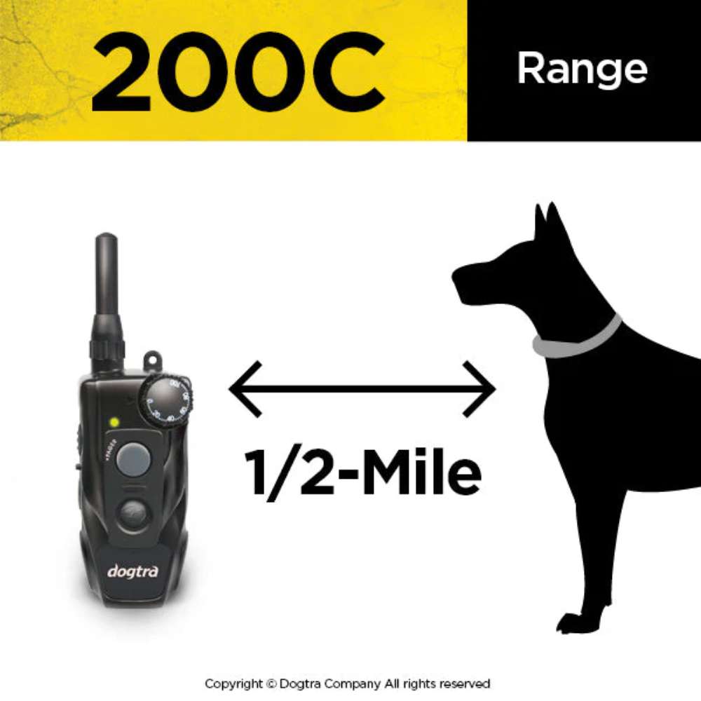 Range illustration of Dogtra 200C Compact 1/2 Mile Remote Dog Trainer 1 Dog System shows the remote communicating with a dog up to half a mile away