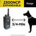 Range illustration shows Dogtra 2300NCP Expandable 3/4 Mile Dog Remote Trainer reaching up to 3/4 mile between remote and dog