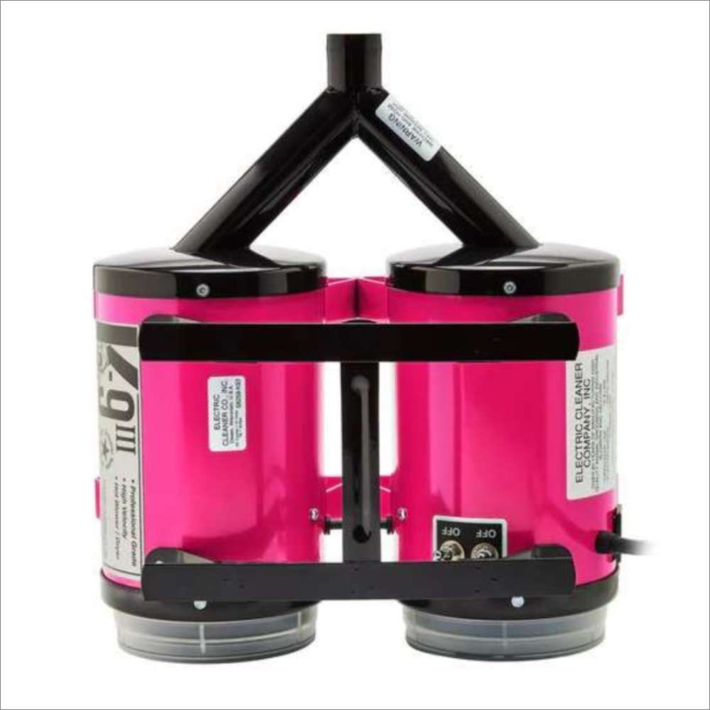 Rear view of Pink K-9 III Dog Dryer highlights its twin canister structure, central air outlet, and black support frame