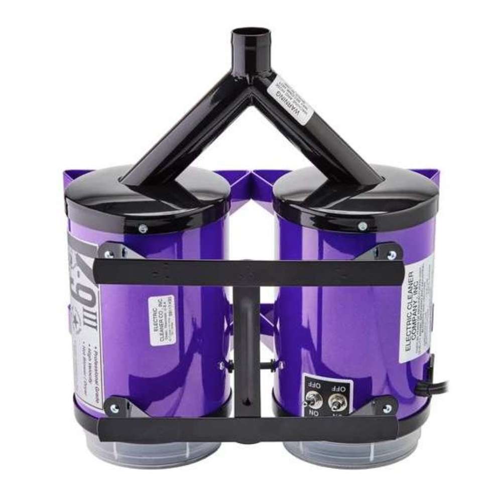 Rear view of Purple K-9 III Dog Dryer shows its twin canister body, central air outlet, and black support frame