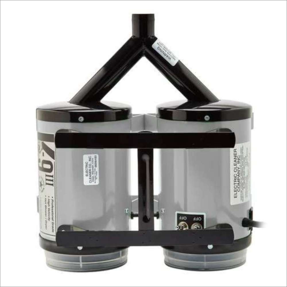 Rear view of Silver K-9 III Dog Dryer shows its twin canister body, central air outlet, and black support frame