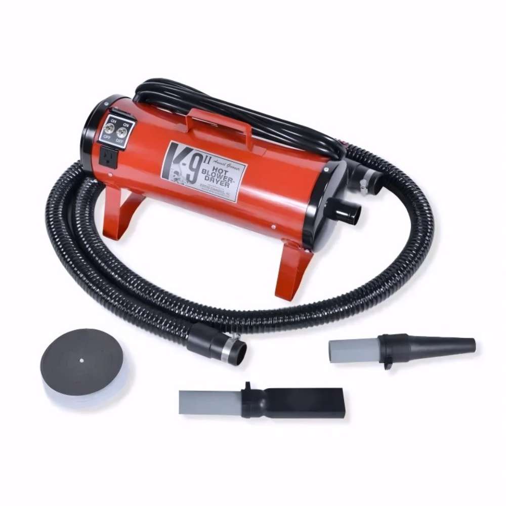 Red K-9 II Dog Dryer includes a flexible hose, grooming nozzles, and accessories for quick pet drying