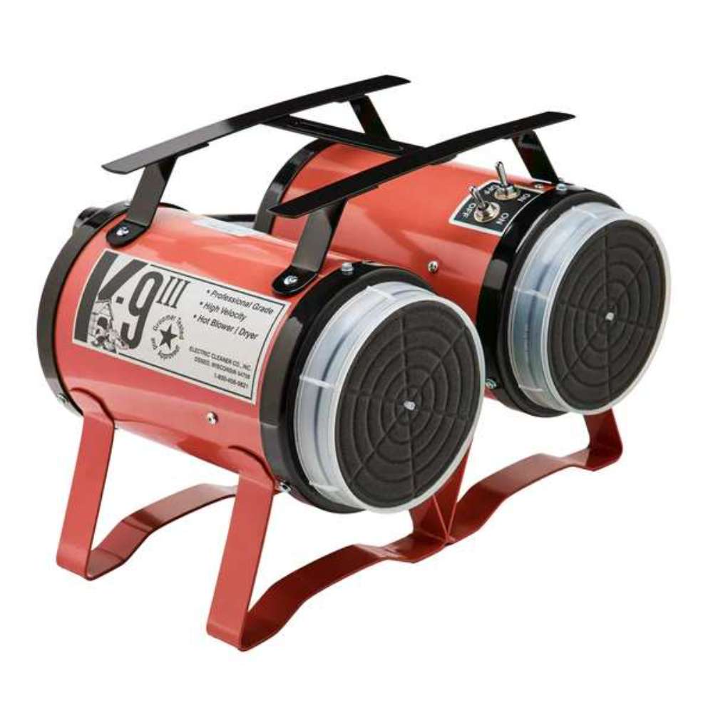 Red K-9 III Dog Dryer has dual rear filters, black carrying handles, and a compact cylindrical frame for easy transport