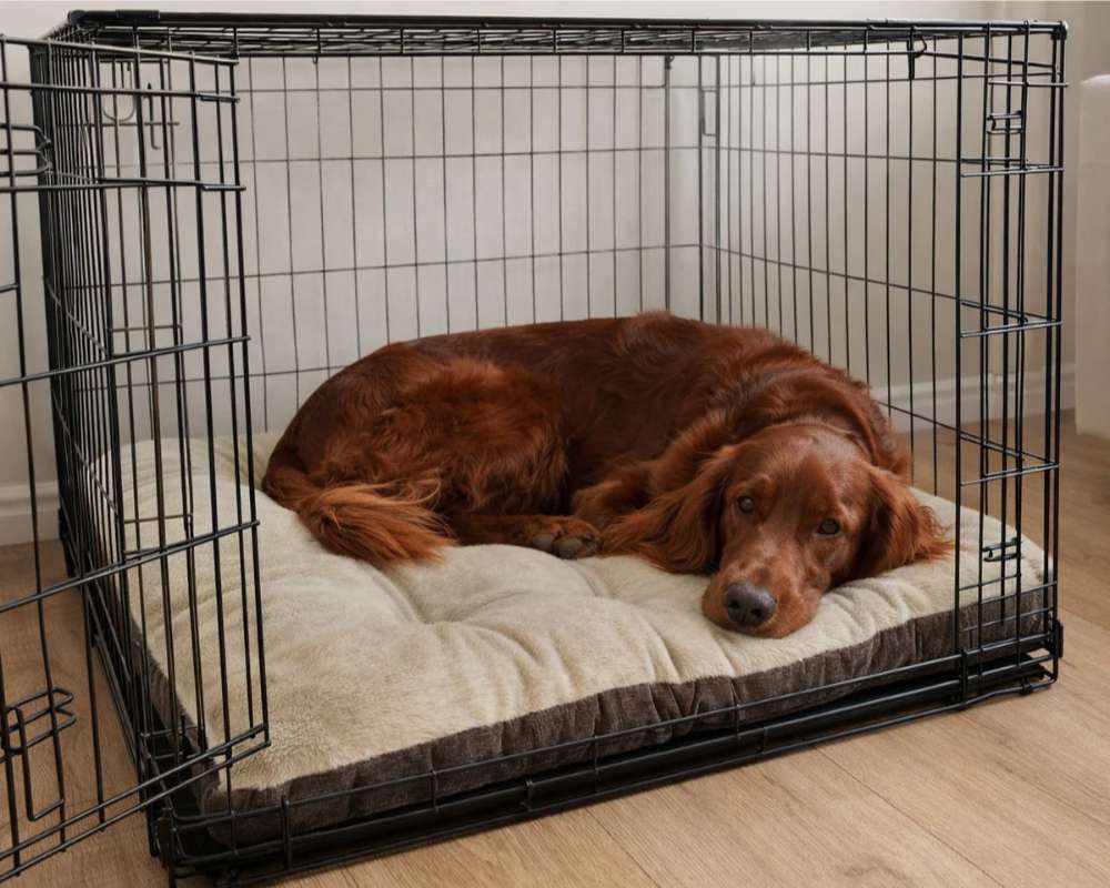 Red-coated dog lies inside a wire crate on a plush beige and brown Bowsers Dream Futon Dog Bed