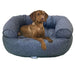 River Bowsers Double Donut Bed in textured blue-gray fabric with a brown puppy relaxing on the cushioned center