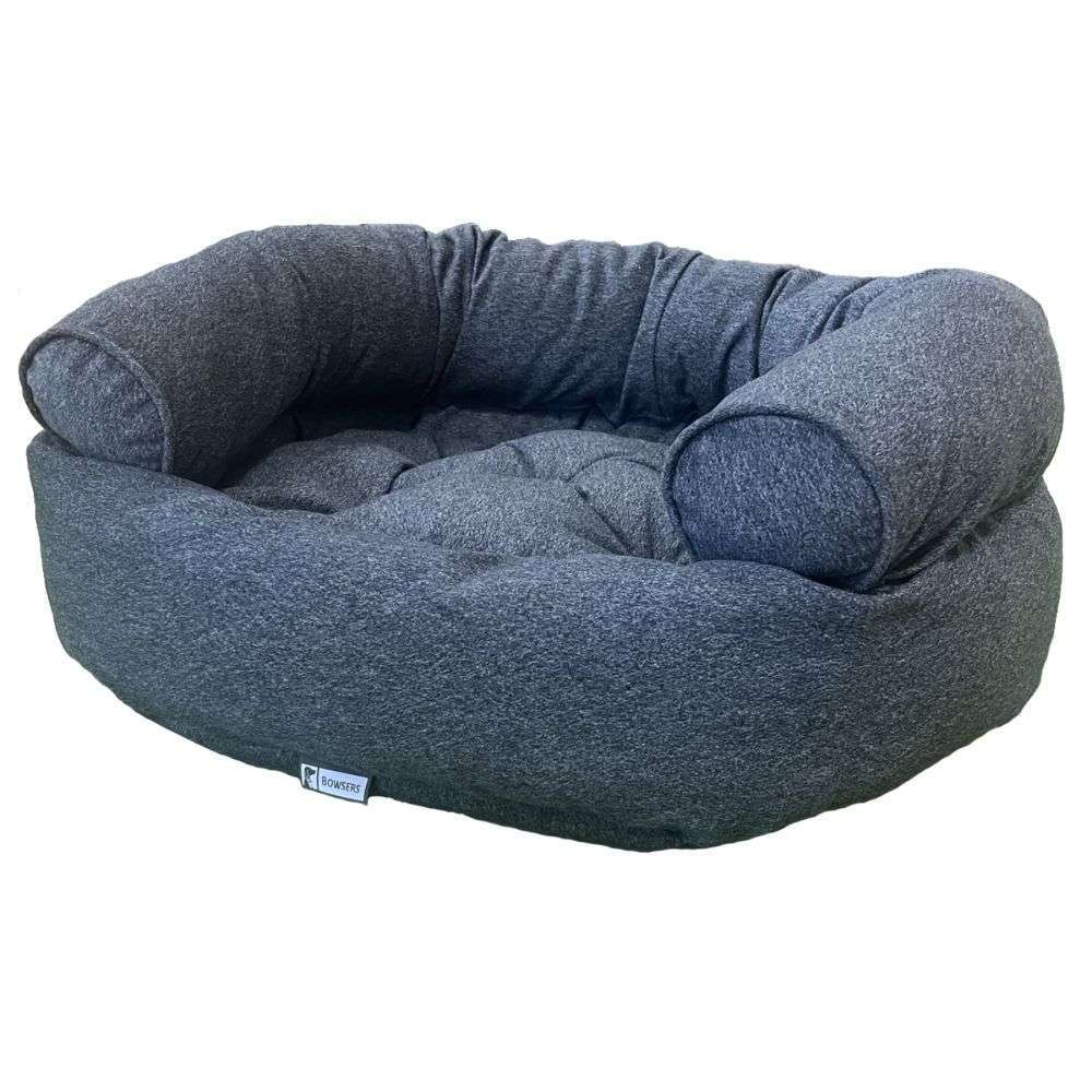 River Bowsers Double Donut Bed in textured blue-gray fabric with a cozy donut-shaped design and supportive raised sides