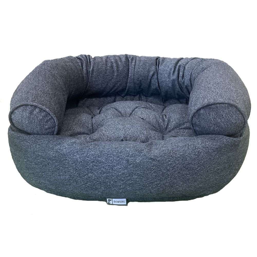 River Bowsers Double Donut Bed in textured blue-gray fabric with deep cushioning and thick rounded bolsters for pet comfort