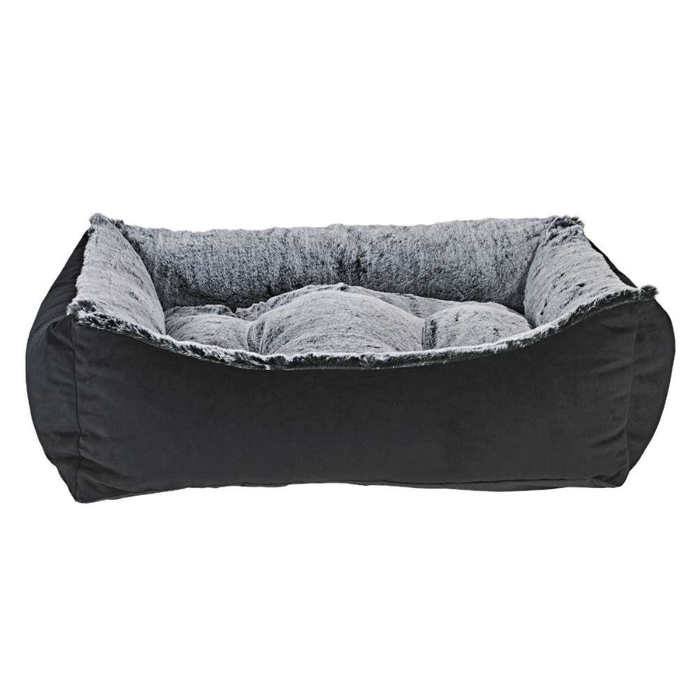Royal Sterling Bowsers One Of A Kind Scoop Dog Bed is a dark gray bed with a textured, furry interior and thick padded sides