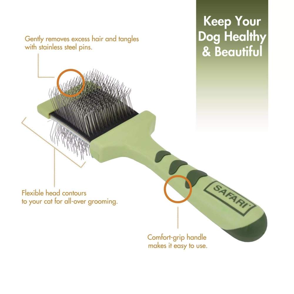 Safari Dog Flexible Slicker Brush - Small is presented with annotations, explaining how the brush's flexible head and comfort-grip handle make grooming easy