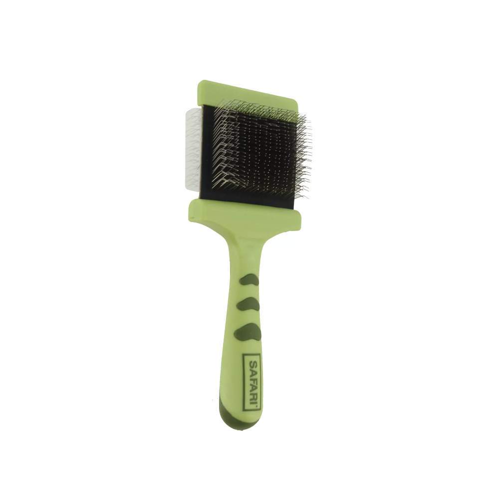 Safari Dog Flexible Slicker Brush - Small is shown in a side view, emphasizing its ergonomic green handle and dense metal bristles