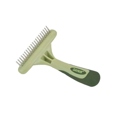 Safari Dog Single Row Undercoat Rake with Rotating Pins has metal pins aligned in a single row on a light green handle with a dark green grip