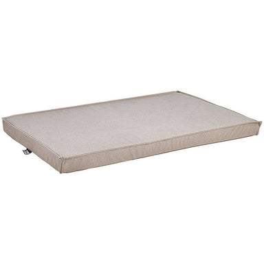 Sandstone Bowsers Cool Gel Memory Foam Mattress shows a beige rectangular dog bed with a soft, flat memory foam surface