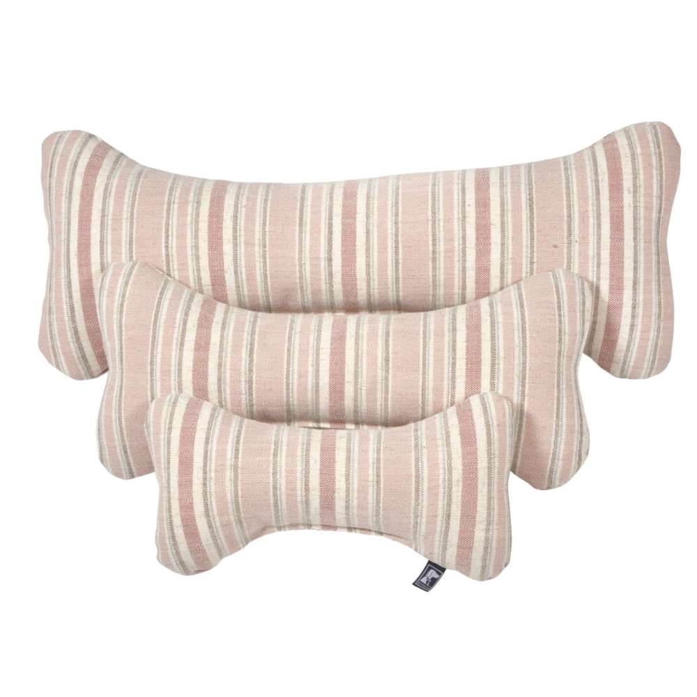 Sanibel Stripe Bowsers Bumper Bone Pillow pink and cream striped bone-shaped dog pillows displayed in three sizes