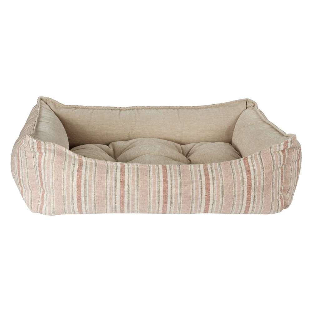 Sanibel Stripe Bowsers One Of A Kind Scoop Dog Bed features a striped beige and pink fabric with a soft cushioned base