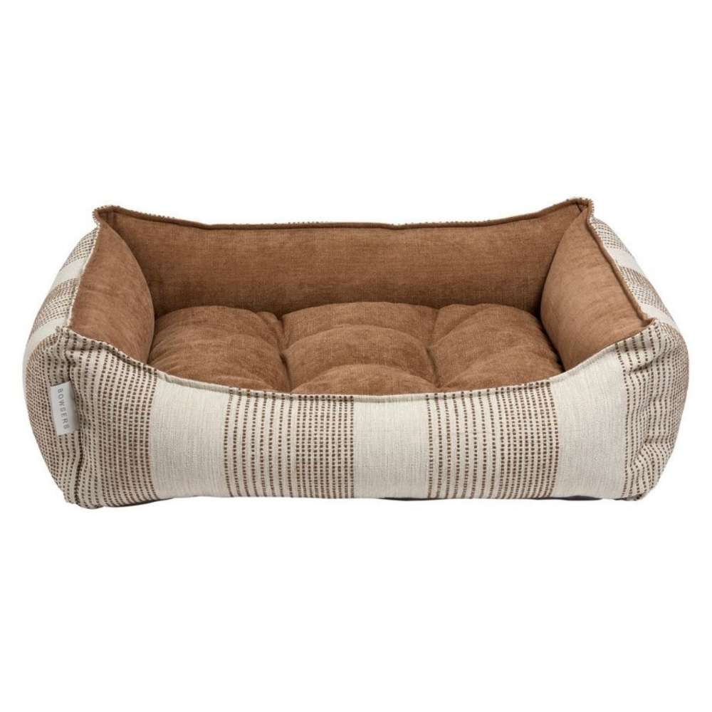 Seashell Bowsers One Of A Kind Scoop Dog Bed features a beige and brown striped fabric with a thick cushioned center