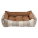 Seashell Bowsers One Of A Kind Scoop Dog Bed features a beige and brown striped fabric with a thick cushioned center