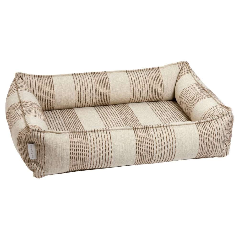 Seashell Bowsers Urban Lounger Dog Bed in beige striped fabric with soft cushioned sides