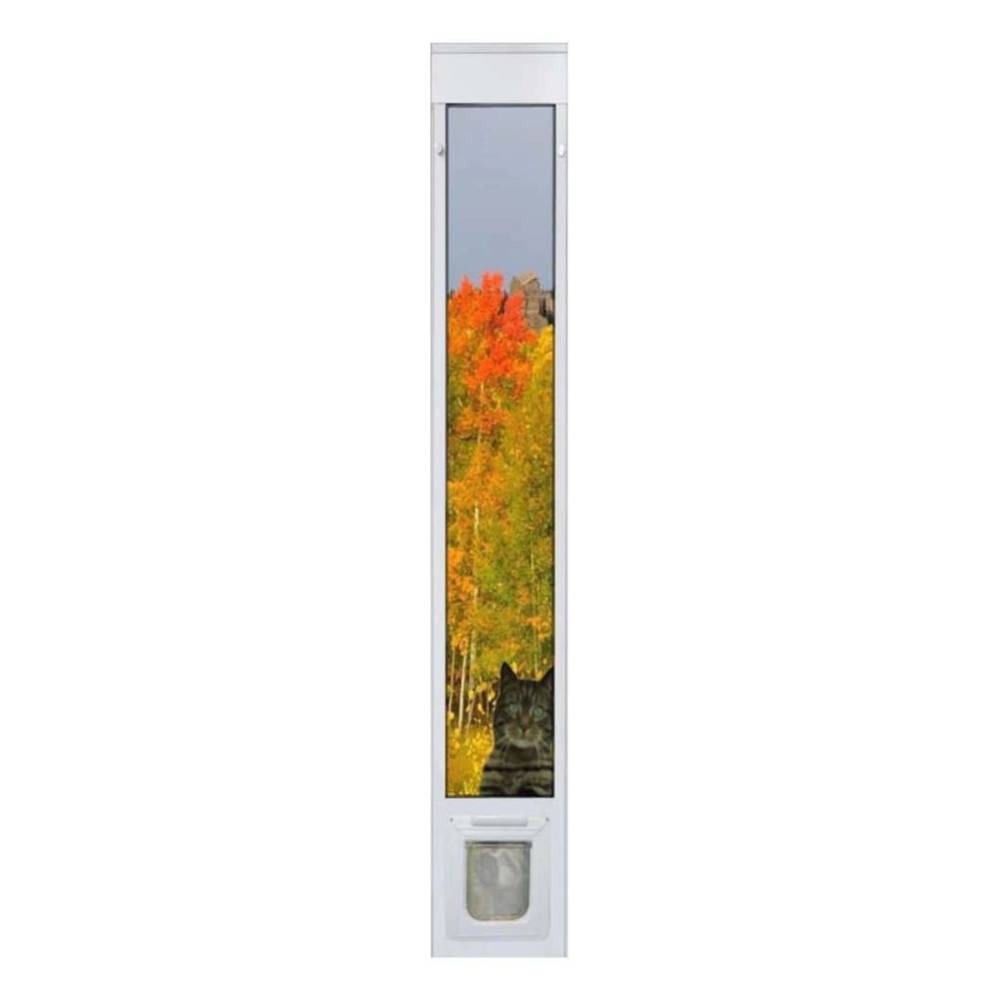 Security Boss Elite Super Selective Single Lockable Pane Patio Pet Door installed in a glass pane, with an autumn forest scenery visible through the glass and a cat standing at the base of the door