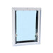 Security Boss Standard In-the-Glass Dog Door with a clear flexible flap fully open, mounted on a glass door frame