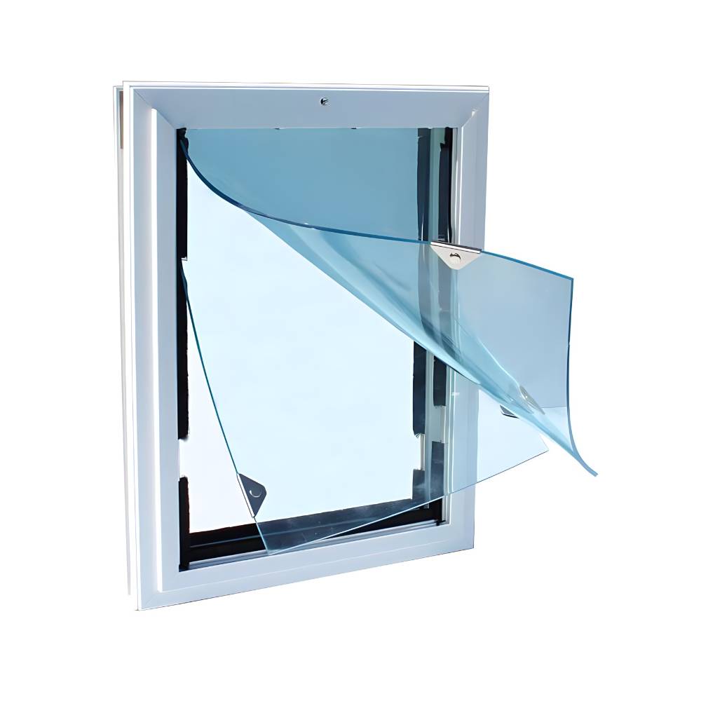 Security Boss Standard In-the-Glass Dog Door with a clear flexible flap partially open, mounted on a glass door frame