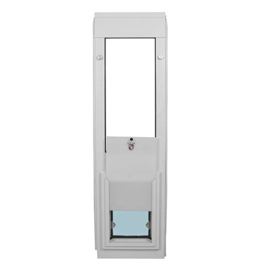 Security Boss Standard Lockable Door for Sliding Window Inserts - Front view of the door, half-open, illustrating the partial opening mechanism and sturdy construction