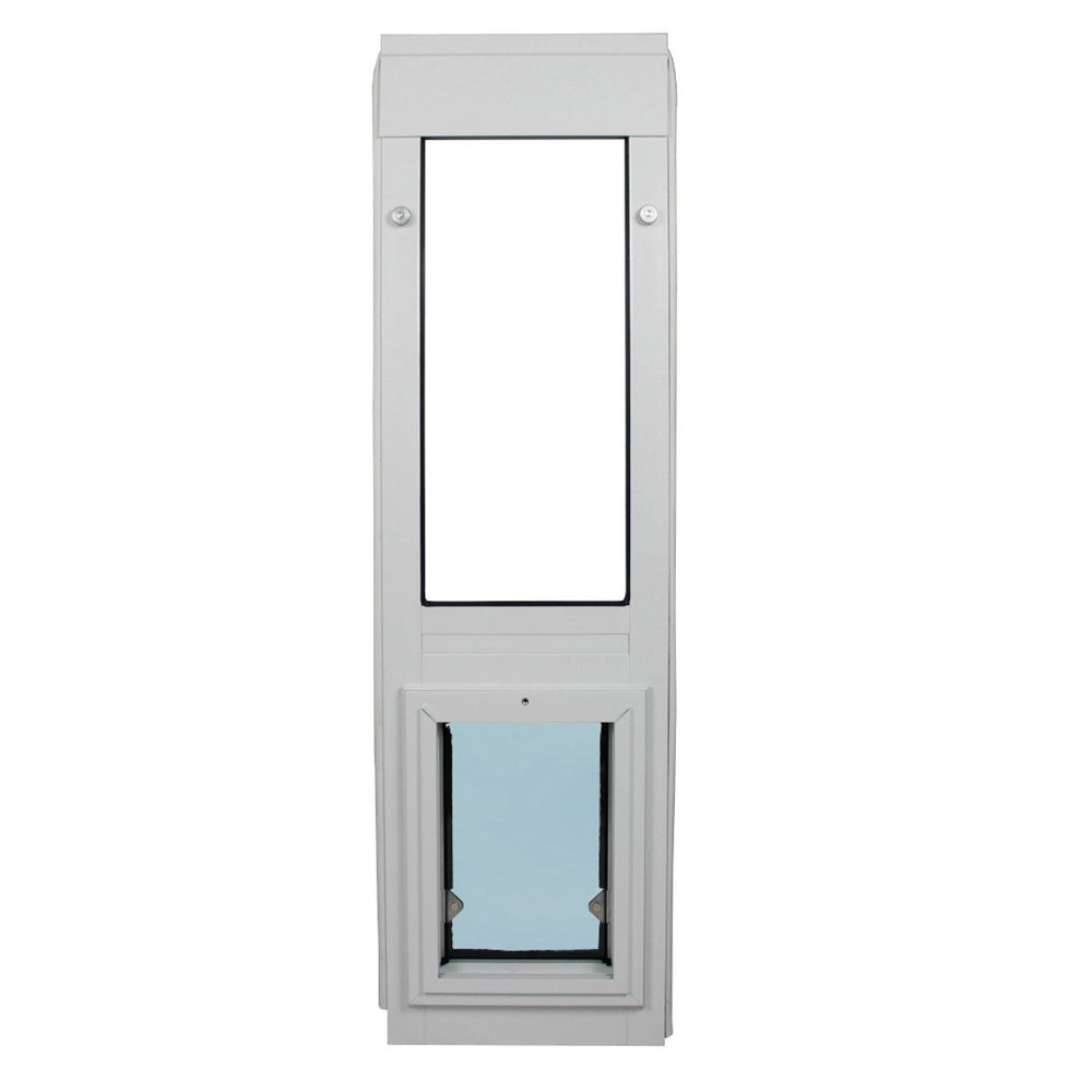 Security Boss Standard Lockable Door for Sliding Window Inserts - Front view of the door fully open, demonstrating the wide access space and the transparent flap