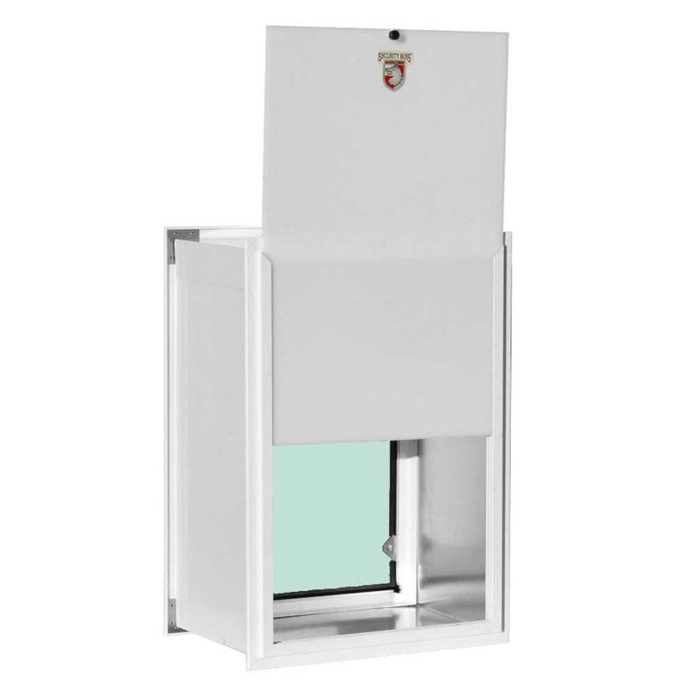 Security Boss Standard Wall Mount Pet Door half open with the top flap lifted halfway, displaying the transparent inner flap and part of the opening