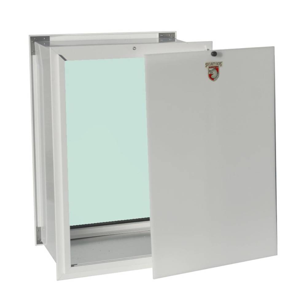 Security Boss Standard Wall Mount Pet Door with the outer door open, revealing a clear inner flap for pet access