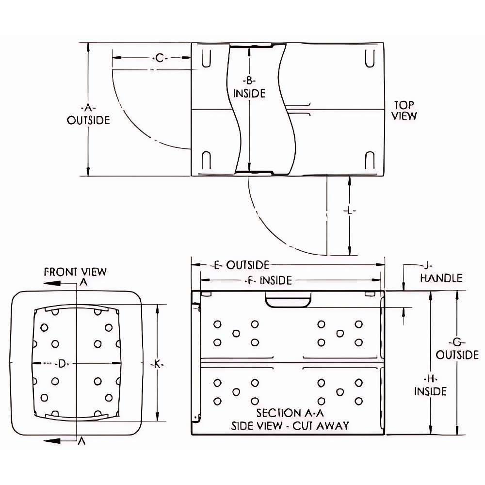 Side cutaway diagram of Small Dakota 283 G3 Framed Dog Kennel illustrates the handle, latch, and air holes for airflow