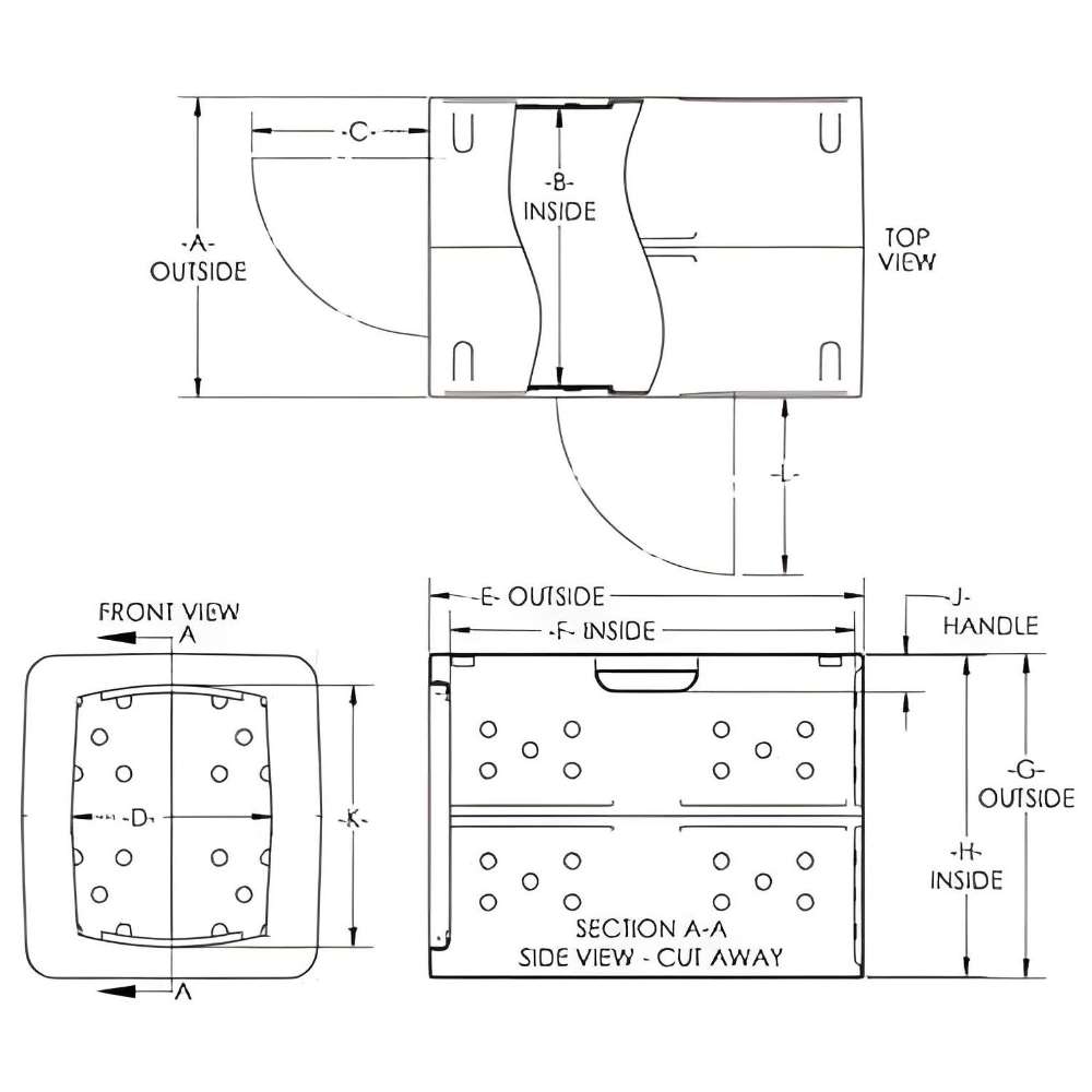 Side cutaway diagram of the Dakota 283 Original Kennebec Dog Kennel displays the handle, ventilation holes, and inside dimensions