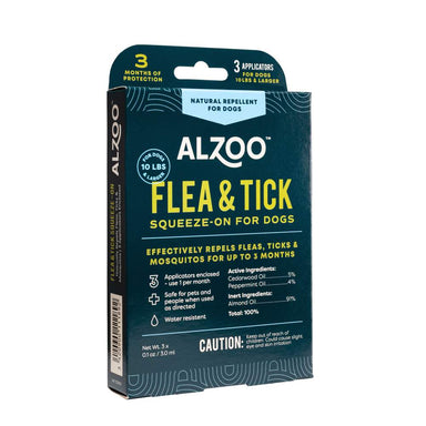 Side view of the ALZOO Plant-Based Flea & Tick Squeeze-On for Dogs packaging standing upright