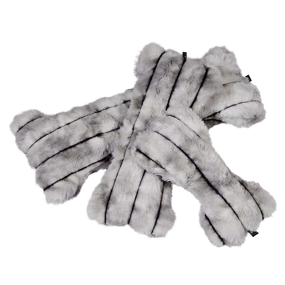 Silver Fox Bowsers Bumper Bone Pillow gray faux fur bone dog toys piled together with soft striped detailing