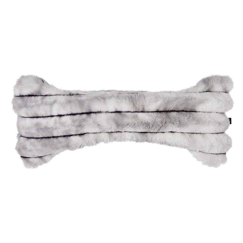 Silver Fox Bowsers Bumper Bone Pillow gray faux fur bone-shaped dog toy displayed horizontally with plush striped accents